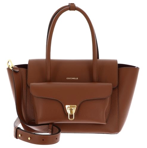 Coccinelle Leder Handtasche Umhängetasche Double Beat Grained Leather Handbag Cognac braun von Coccinelle