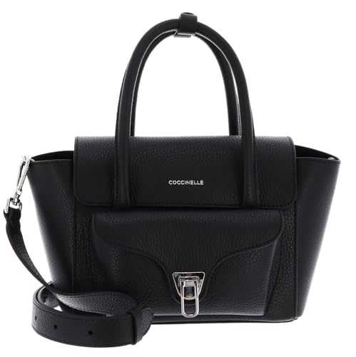 Coccinelle Leder Handtasche Umhängetasche Double Beat Grained Leather Handbag Noir schwarz von Coccinelle