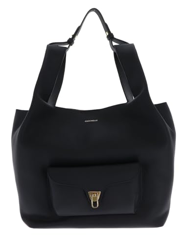 Coccinelle Leder Schultertasche Beat Shopping Double Grainy Leather Handbag Noir/Cognac schwarz von Coccinelle