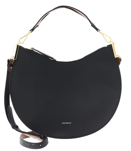 Coccinelle Leder Schultertasche Umhängetasche Sunup Handbag Double Grainy Leather Noir/Cognac schwarz von Coccinelle