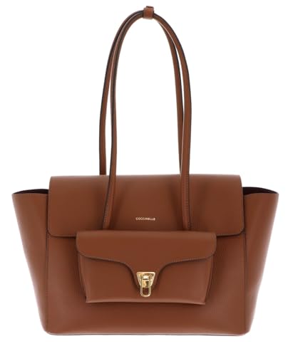 Coccinelle Leder Shopper Umhängetasche Double Beat Grained Leather Handbag Cognac braun von Coccinelle