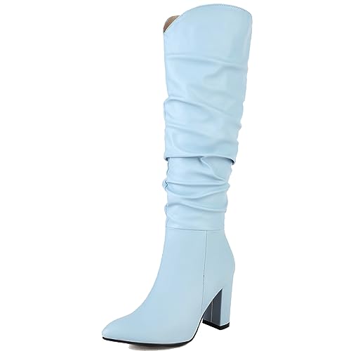 Cocey Damen Blockabsatz Plissee Kniehohe Stiefel Reißverschluss Westernstiefel (Blau,46) von Cocey