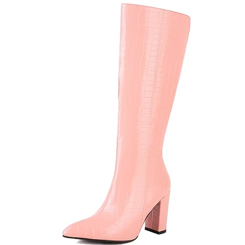 Cocey Damen Blockabsatz Reißverschluss Biker Stiefel Spitze Zehe Knie Hohe Stiefel (Rosa,39) von Cocey