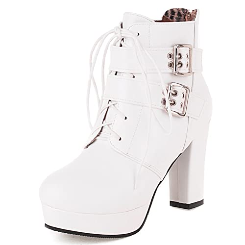 Cocey Damen Elegante Plateau Stiefeletten mit Schnürsenkel und Dickem Absatz (Weiß,41) von Cocey