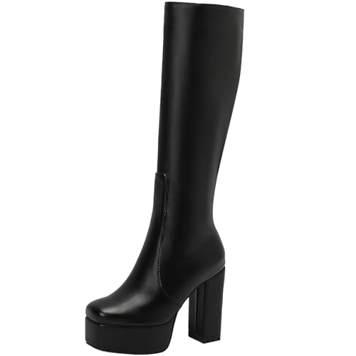 Cocey Damen Modische Kniehohe Plateaustiefel mit Blockabsatz (Schwarz, 42 EU) von Cocey