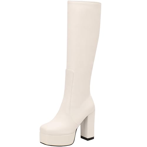 Cocey Damen Modische Kniehohe Plateaustiefel mit Blockabsatz (Weiß, 39 EU) von Cocey