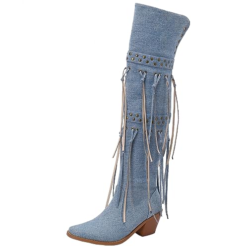 Cocey Damen Overknee Stiefel mit Quaste und Reißverschluss (Blau,40) von Cocey