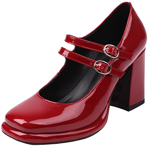 Cocey Damen Plateau Mary Jane Schuhe Blockabsatz Pumps für Partys (Rot,46) von Cocey