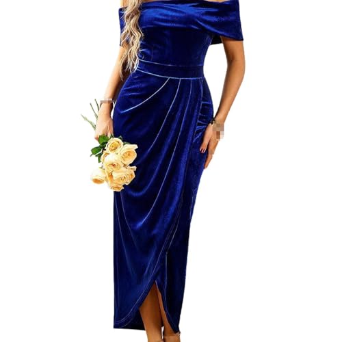 Cocey Damen Samtoptik Wickelkleid mit Schulterausschnitt & Seitenschlitz (Dunkelblau, L) von Cocey
