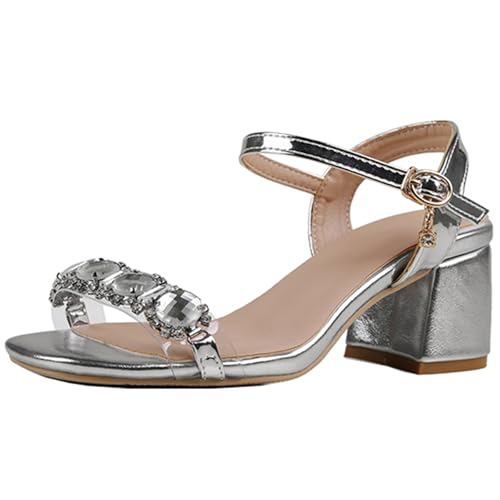 Cocey Damen Sandaletten mit Blockabsatz - Glitzersteinchen Design, Bequeme Sommer-Schuhe mit Rutschfester Sohle(Silber, 43) von Cocey