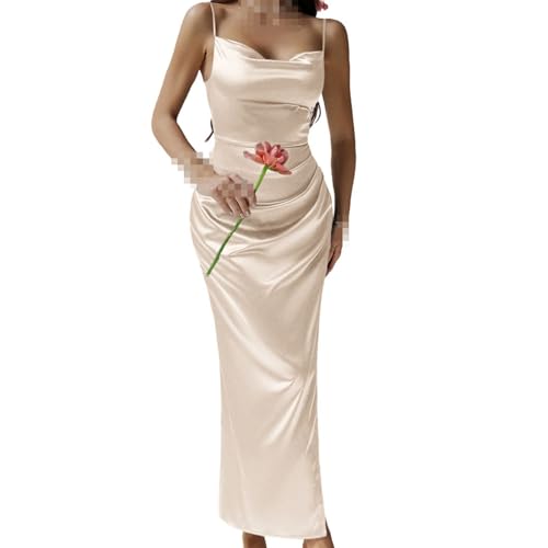 Cocey Damen Satin Kleid mit V-Ausschnitt & Hoher Taille - Dehnbares Maxikleid mit Seitenschlitz (Weiß, S) von Cocey