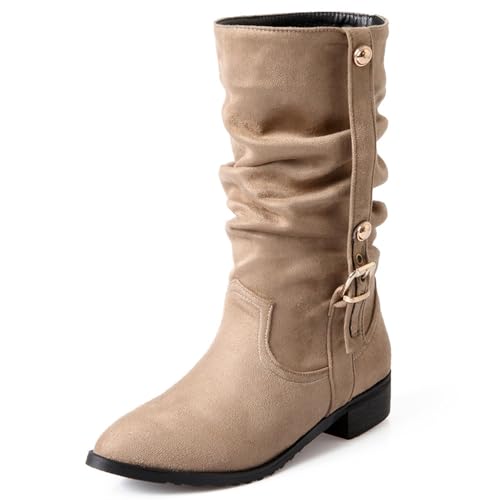 Cocey Damen Slouch Boots mit Flachem Absatz und Modisch Spitzer Zehenpartie (Beige, 45 EU) von Cocey