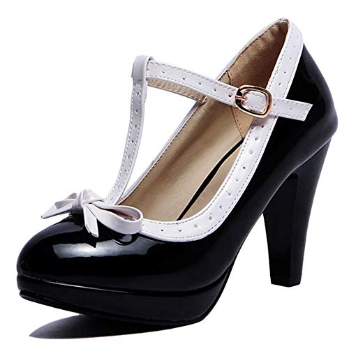 Cocey Damen Süß T-Strap Bogen Pumps mit Blockabsatz (Schwarz, 39 EU) von Cocey