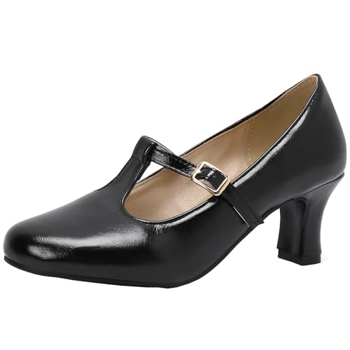 Cocey Damen T-Riemen Slip-on-Pumps Anzugschuhe mit Blockabsatz (Schwarz,34) von Cocey