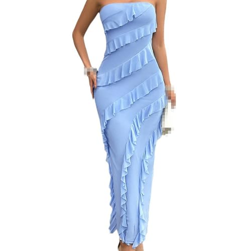 Cocey Damen Trägerloses Maxikleid mit Rüschen - Hohe Taille mit Seitenschlitz (Blau, M) von Cocey