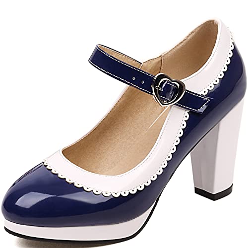 Cocey Damenmode Mary Jane Schuhe mit Hohem Blockabsatz und Runder Spitze (Dunkelblau, 38) von Cocey