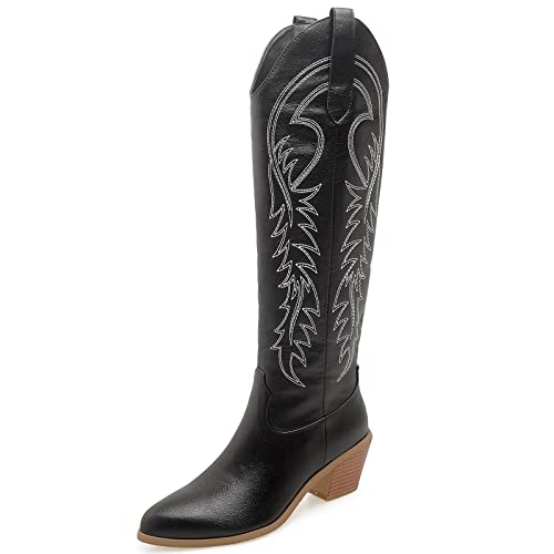 Cocey Kniehohe Cowboystiefel mit Stickerei und lange Westernstiefel mit klobigem Absatz für Damen(Schwarz, 42) von Cocey