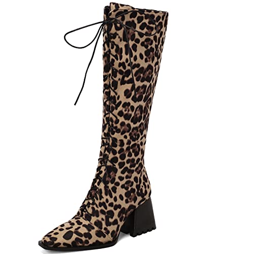 Cocey Kniehohe Retro-Schnürstiefel mit Kunstpelzfutter und lange Stiefel mit Blockabsatz für Damen (Leopard, 35) von Cocey