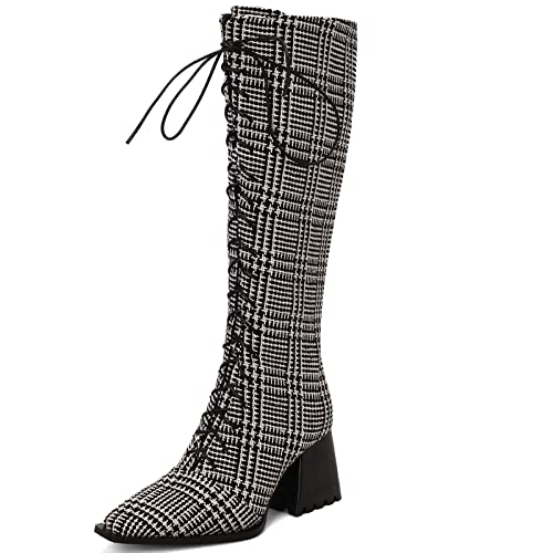 Cocey Kniehohe Retro-Schnürstiefel mit Kunstpelzfutter und lange Stiefel mit Blockabsatz für Damen (Schwarz-Weiß Plaid, 37) von Cocey
