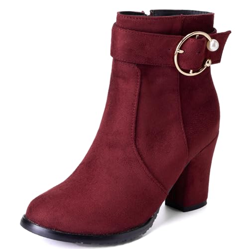Cocey Kurze Stiefel mit Blockabsatz und einfarbig für Damen(Rot, 39EU) von Cocey