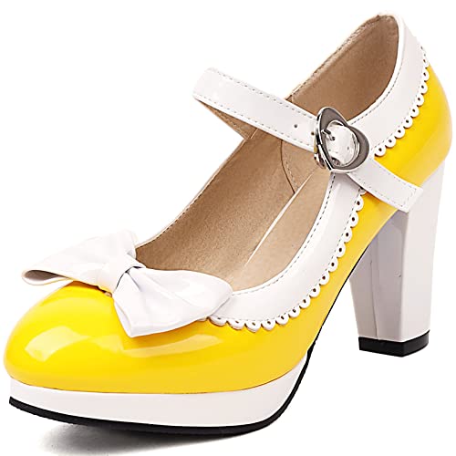 Cocey Mary-Jane-Schuhe mit Plateausohle für Damen Süße Pumps mit Blockabsatz (Gelb, 38) von Cocey