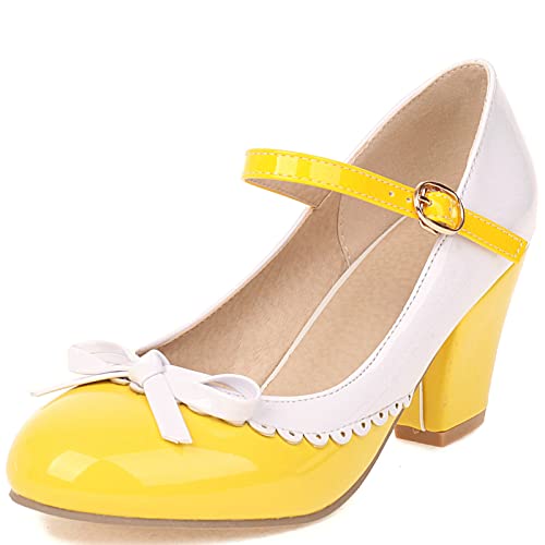 Cocey Mary-Jane-Schuhe mit Plateausohle für Damen Süße Pumps mit Blockabsatz (Gelb, 39) von Cocey