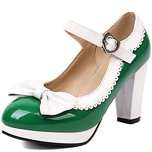 Cocey Mary-Jane-Schuhe mit Plateausohle für Damen Süße Pumps mit Blockabsatz (Grün, 39) von Cocey