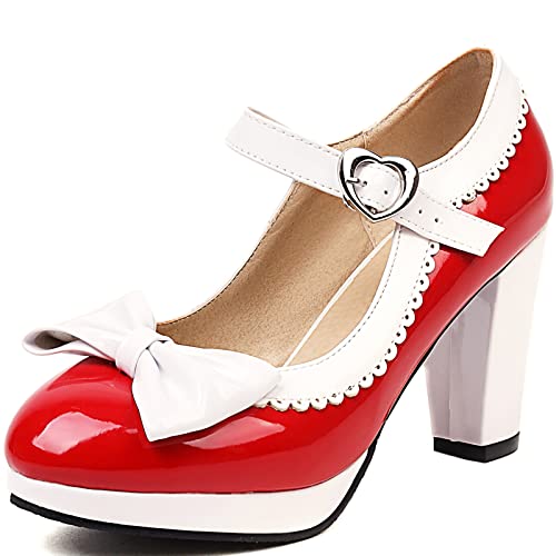 Cocey Mary-Jane-Schuhe mit Plateausohle für Damen Süße Pumps mit Blockabsatz (Rot, 36) von Cocey