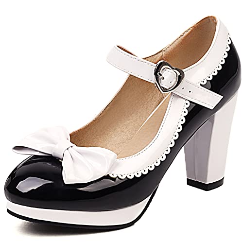 Cocey Mary-Jane-Schuhe mit Plateausohle für Damen Süße Pumps mit Blockabsatz (Schwarz, 42) von Cocey