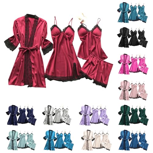 Cocila 4 Teiliges Schlafanzug Damen Lang Nachthemd Robe Set Frauen Cami Top Shorts Silk Pjs Sets Nachtwäsche mit Brust Pads Elegant Damenschlafanzug Hausanzug Loungewear Bademantel Rot 5XL von Cocila