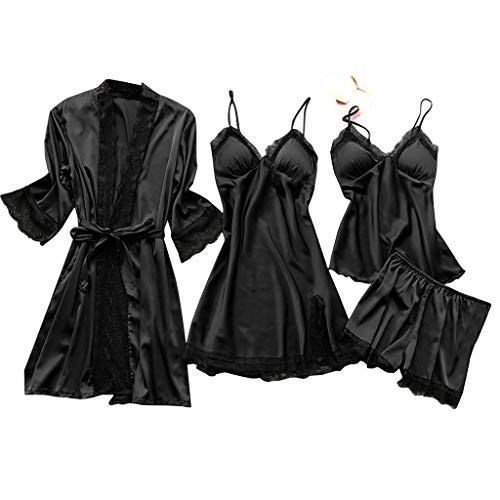 Cocila 4 Teiliges Schlafanzug Damen Lang Nachthemd Robe Set Frauen Cami Top Shorts Silk Pjs Sets Nachtwäsche mit Brust Pads Elegant Damenschlafanzug Hausanzug Loungewear Bademantel Schwarz 4XL von Cocila