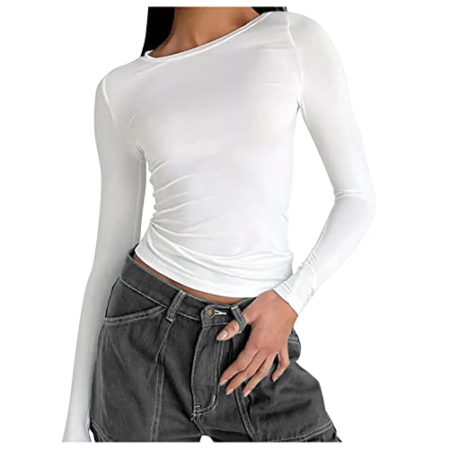 Cocila Damen Crop Tops Vintage Slim Fit T-Shirt Rundhals Pullover Longshirt Bequeme Tunika Lässige Langarmshirt Fashion Streetwear von Cocila