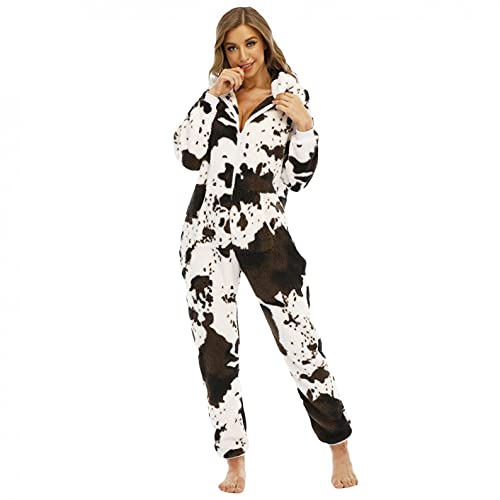 Cocila Damen Flanell Jumpsuit Schlafanzug Kühe Muster Onesie Pyjama Kuschelig Kapuze Lang Hausanzug Herbst Winter Einteiler Schlafoverall Homewear mit Reißverschluss Tasche von Cocila