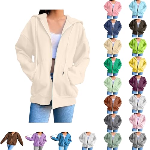 Cocila Sweatjacke Damen mit Kapuze Hoodie Damen Oversize Übergangsjacke Zipper Sweatshirt Leicht Elegant Einfarbig Kapuzenjacke mit Taschen Locker College Jacke Baumwoll Sportjacke von Cocila