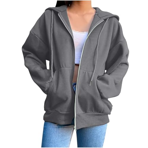 Cocila Sweatjacke Damen mit Kapuze Hoodie Damen Oversize Übergangsjacke Zipper Sweatshirt Leicht Elegant Einfarbig Kapuzenjacke mit Taschen Locker College Jacke Baumwoll Sportjacke von Cocila