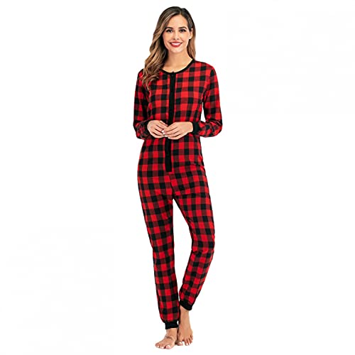 Cocila Damen Jumpsuit Schlafanzug Baumwolle Kariert Onesie Pyjama Winter Thermo Gemütlich Kapuze Einteiler Lang Schlafoverall Casual Hausanzug mit Reißverschluss von Cocila