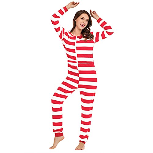 Cocila Damen Jumpsuit Schlafanzug Baumwolle Streifen Onesie Pyjama Kuschelig Kapuze Hausanzug Herbst Winter Einteiler Lang Schlafoverall Homewear mit Reißverschluss Tasche von Cocila