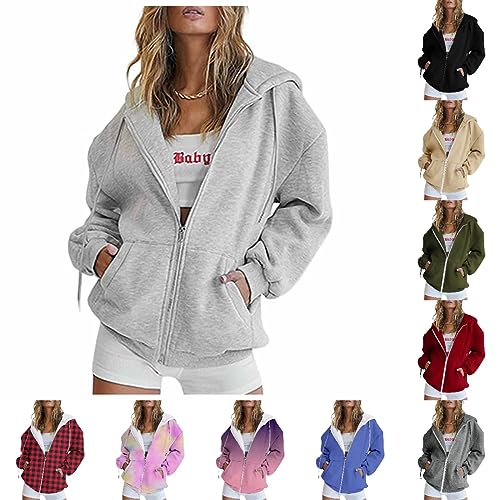 Cocila Damen Kapuzenjacke Kapuzenpullover Vintage Oversize Sweatjacke College Jacke Reißverschluss Hoodie Sweatshirt mit Kapuze Pullover Y2K Teenager Mädchen Kapuzenpulli von Cocila