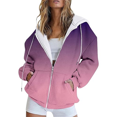 Cocila Damen Kapuzenjacke Kapuzenpullover Vintage Oversize Sweatjacke College Jacke Reißverschluss Hoodie Sweatshirt mit Kapuze Pullover Y2K Teenager Mädchen Kapuzenpulli von Cocila