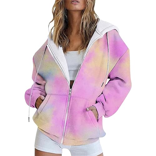 Cocila Damen Kapuzenjacke Kapuzenpullover Vintage Oversize Sweatjacke College Jacke Reißverschluss Hoodie Sweatshirt mit Kapuze Pullover Y2K Teenager Mädchen Kapuzenpulli von Cocila