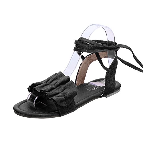 Cocila Damen Sommer-Sandalen, bequem, einfarbig, Rüschen, Schnürung, runde Zehen, flacher Absatz mit Kreuzband, gebunden, Schwarz - Schwarz - Größe: 43 EU von Cocila