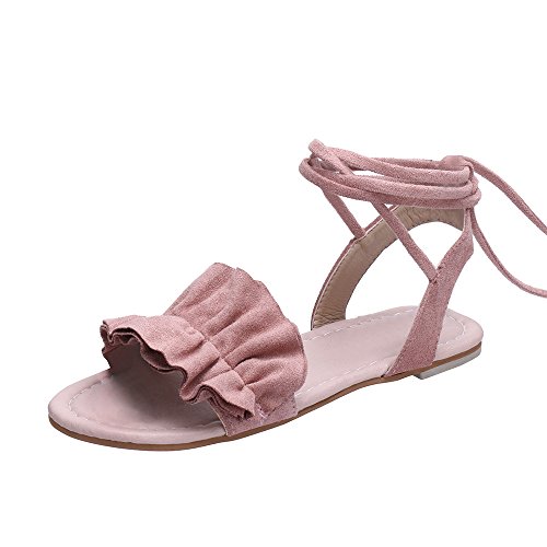 Cocila Damen Sommer-Sandalen, bequem, einfarbig, Rüschen, Schnürung, runde Zehen, flacher Absatz mit Kreuzband, gebunden, Schwarz - rose - Größe: 36 EU von Cocila