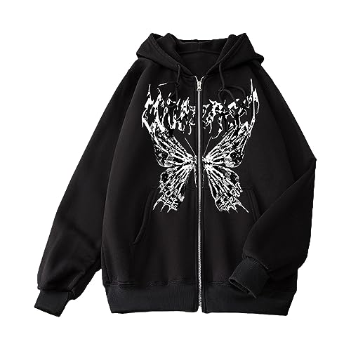 Cocila Damen Y2K Jacke Zip Up Hoodies Goth Skeleton Strass Graphics Harajuku Oversized Sweatshirt Vintage Kapuzenjacke Kordelzug Sweatjacke mit Kapuze 90er E-Girl Tops von Cocila