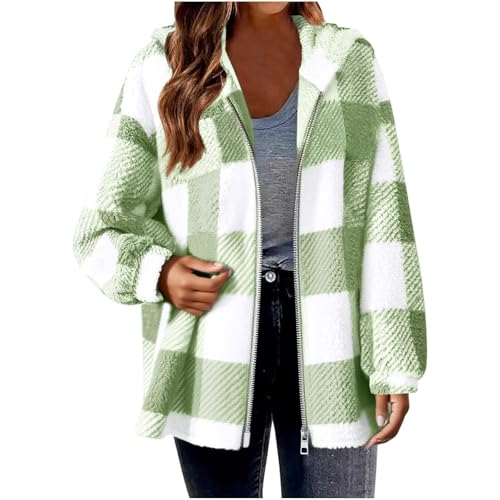Cocila Fleecejacke Damen Karierte Teddyjacke Damen mit Kapuzenjacke Winterjacke Teddyfleece Plüschjacke Reißverschluss Fleece Mantel Warm Übergangsjacke Bequeme Weiche Vliesjacke von Cocila