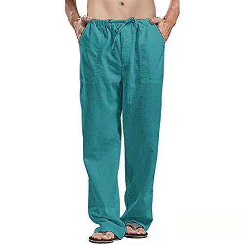 Cocila Herren Hose Lang Leinenhose Einfarbig Sommerhose Leichte Freizeithose für Männer mit Kordelzug Multi Tasche Cargo Strandhose aus Baumwollmischung Große Größe Lose Home Pants von Cocila