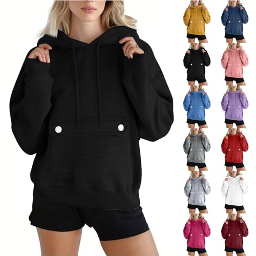 Cocila Hoodie Damen Kapuzenpullover Frauen Baumwolle Long Pullover mit Kapuze Oversize Casual Sweatshirt Einfarbig Basic Langarmshirt Hoodies Training Mode Tops Trendy Outfits von Cocila
