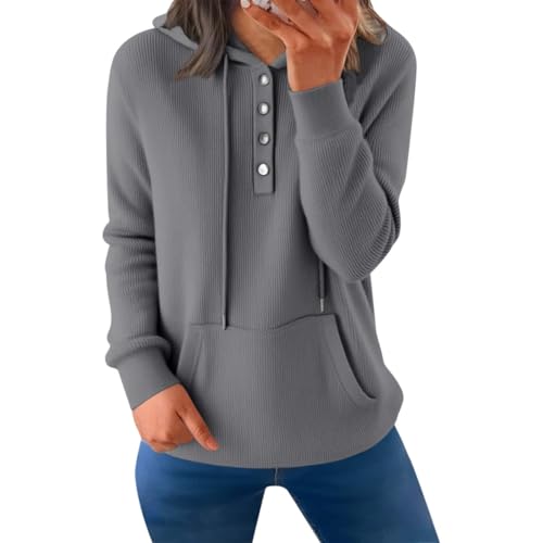 Cocila Kapuzenpullover Damen Hoodie Langarm V-Ausschnitt Pullover Knopfleiste Henley Sweatshirt mit Kapuze Kordelzug Oberteil Herbst Winter Sweatshirt Oberteil Pulli Langarmshirt mit Taschen von Cocila