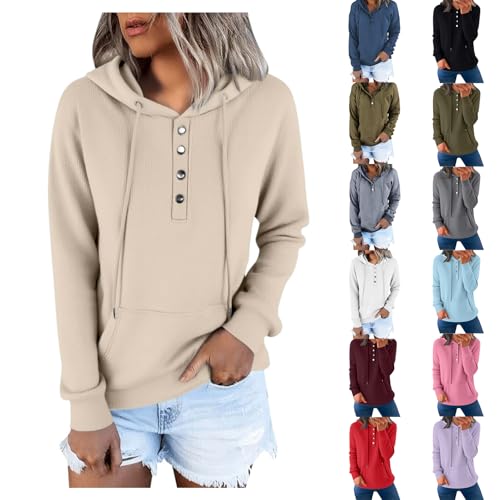 Cocila Kapuzenpullover Damen Hoodie Langarm V-Ausschnitt Pullover Knopfleiste Henley Sweatshirt mit Kapuze Kordelzug Oberteil Herbst Winter Sweatshirt Oberteil Pulli Langarmshirt mit Taschen von Cocila