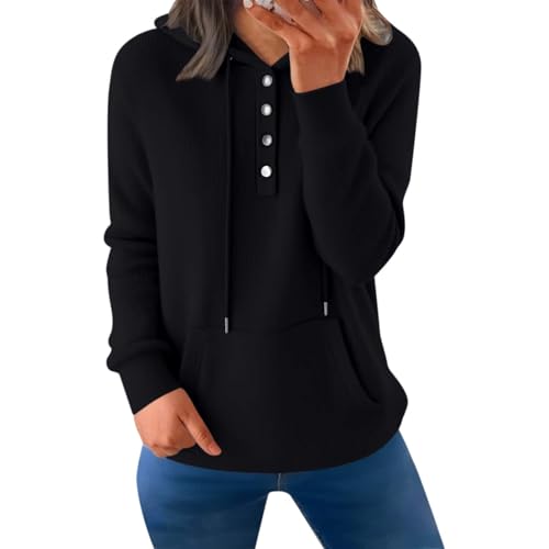 Cocila Kapuzenpullover Damen Hoodie Langarm V-Ausschnitt Pullover Knopfleiste Henley Sweatshirt mit Kapuze Kordelzug Oberteil Herbst Winter Sweatshirt Oberteil Pulli Langarmshirt mit Taschen von Cocila