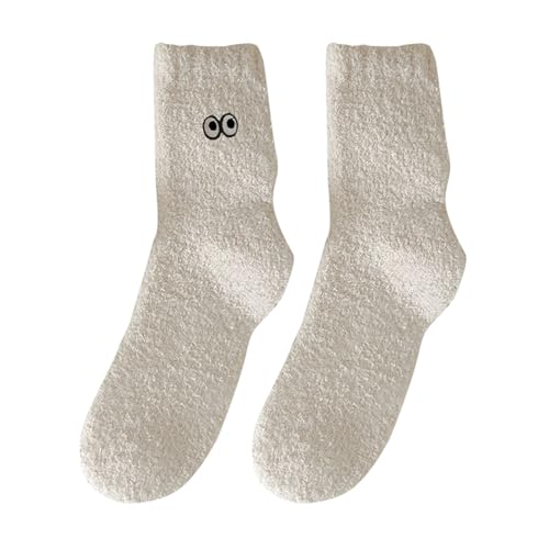 Cocila Kuschelsocken Damen Herren Flauschige Socken Für Frauen, Weiche, Winter-Gemütliche Slipper-Socken, Süße Plüsch-Warme Schlafsocken Weihnachten Katzen (Beige, One Size) Weiße Baumwolle von Cocila